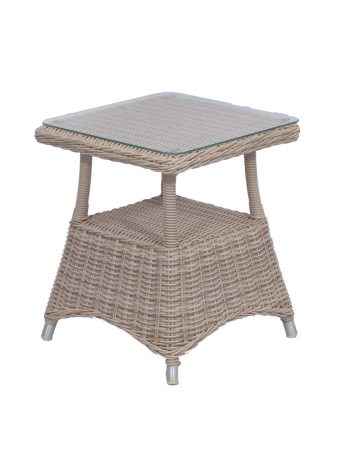 Fraser Side Table in Seashell wicker featuring a glass top and aluminum frame
