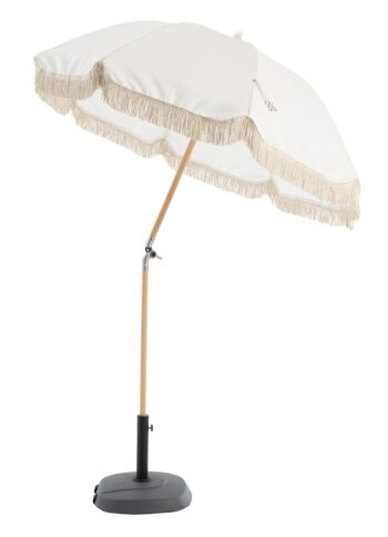 Noosa Beach Umbrella in poly/cotton fabric with tassel fringe, timber pole and fiberglass ribs, with carry bag