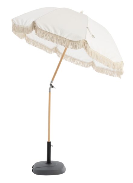 Noosa Beach Umbrella in poly/cotton fabric with tassel fringe, timber pole and fiberglass ribs, with carry bag