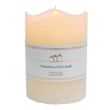 Flameless LED Candle Ivory Carved with decorative embossed real wax finish and realistic flickering LED flame for elegant ambient lighting.
