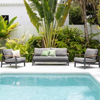 Reyne 4 Piece Outdoor Sofa Setting Available in 2 frame colours. Made from aluminium with a touch of teak on the arms