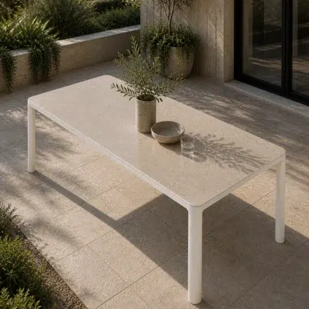 Aspen Outdoor Dining Table, available in 2 sizes with marble look sintered stone top and powder coated aluminium frame