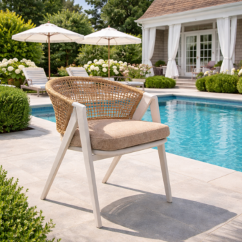 Cove Outdoor Dining Chair in powder coated aluminium and handwoven wicker with trestle style legs