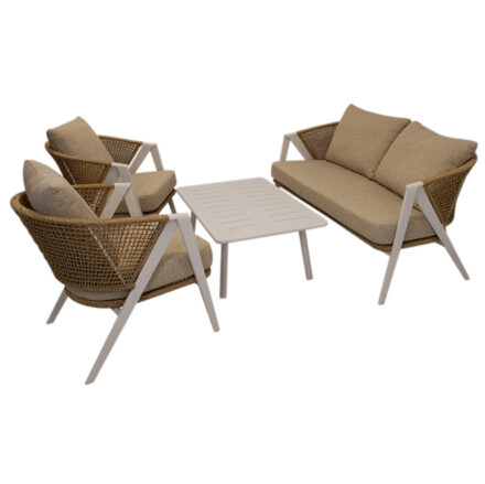 Cove Outdoor Sofa Setting featuring 2 sofa chairs and a 2.5-seater sofa in powder-coated aluminium with handwoven wicker detailing