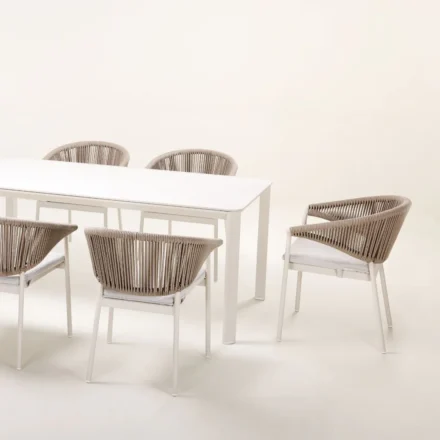 Aspen Outdoor Dining Table, available in 2 sizes with marble look sintered stone top and powder coated aluminium frame