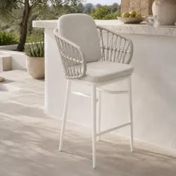 Ayana Outdoor Bar Chair with white powder coated aluminium frame, linen rope look wicker detailing and Sunproof Olefin outdoor seat cushion