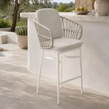 Ayana Outdoor Bar Chair with white powder coated aluminium frame, linen rope look wicker detailing and Sunproof Olefin outdoor seat cushion