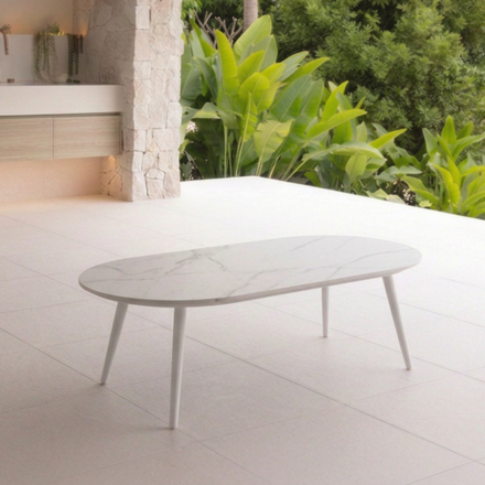Arona Outdoor Coffee Table with oval sintered stone tabletop and powder-coated aluminium frame, available in White and Charcoal