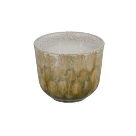 Finch Ceramic Candle Jar Lemongrass scented candle in a decorative textured green and amber glass vessel for elegant home décor and gifting.