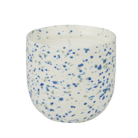 Port Ceramic Candle Jar Citronella scented candle in a white decorative glass vessel with blue speckled finish for indoor and outdoor home décor.