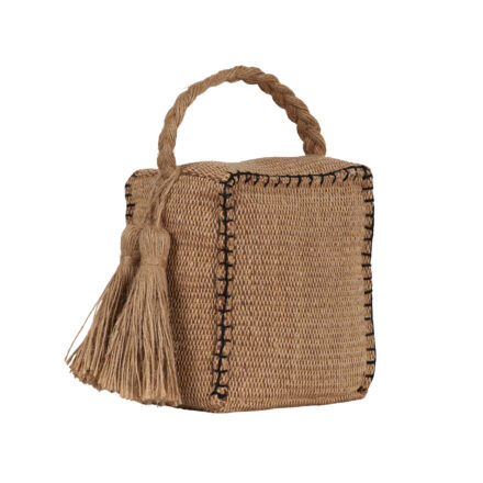 Jute Doorstop Stitch – Natural/Black woven jute doorstop with black blanket stitching, twisted jute handle and tassel detail for coastal and contemporary home décor.