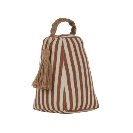 Cotton Doorstop Tanzy Stripe – Tan features durable cotton fabric with classic Tan stripes, a twisted rope handle and tassel, perfect for coastal, Hamptons and contemporary interiors.
