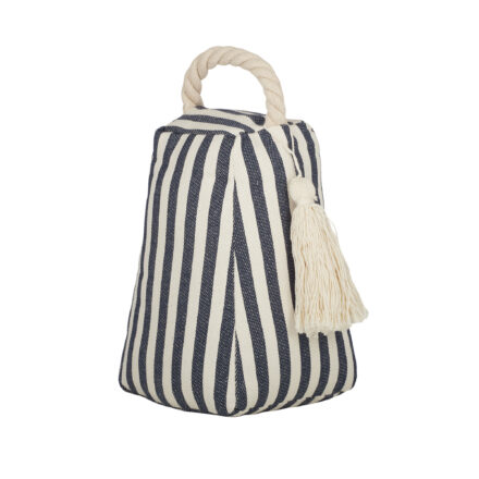 Cotton Doorstop Royal Stripe – Navy features durable cotton fabric with classic navy stripes, a twisted rope handle and tassel, perfect for coastal, Hamptons and contemporary interiors.