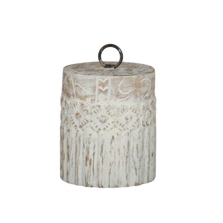 Wood Daniella Doorstop – White Wash handcrafted solid wood doorstop with carved floral detailing, rustic white wash finish and antique-style metal ring handle for coastal home décor.