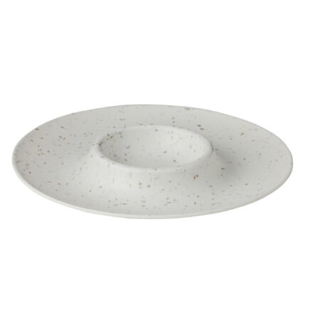 Melamine Platter Chip & Dip Round – Terrazzo durable round melamine serving platter with integrated centre dip bowl and terrazzo finish for indoor and outdoor entertaining.