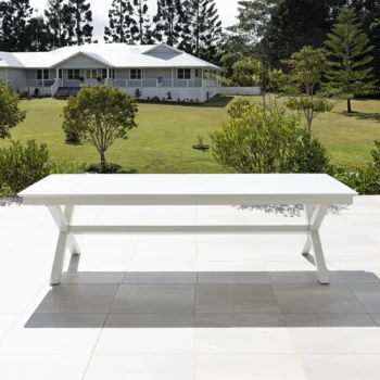 Tropea Extension Large Outdoor Table with powder-coated aluminium frame and slatted tabletop, available in White and Charcoal, designed for large outdoor entertaining.