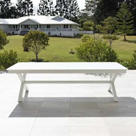 Tropea Extension Large Outdoor Table with powder-coated aluminium frame and slatted tabletop, available in White and Charcoal, designed for large outdoor entertaining.