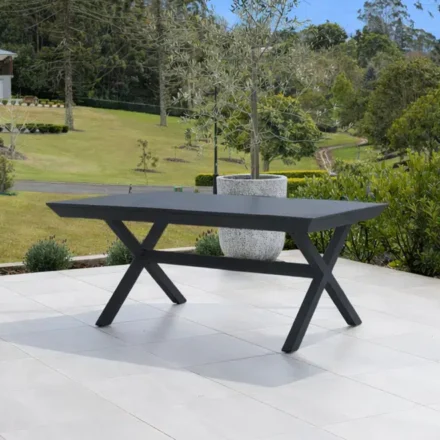 Tropea Extension Small Outdoor Table with powder-coated aluminium frame and slatted tabletop, available in White and Charcoal, styled for modern outdoor entertaining.