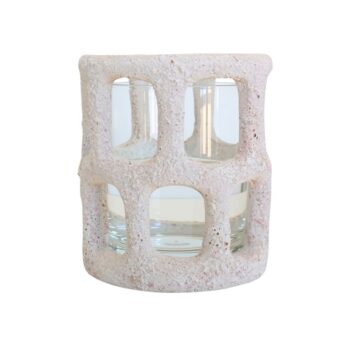 Cement Luna Tea Light Holder White featuring a textured cement cutout shell and clear glass insert