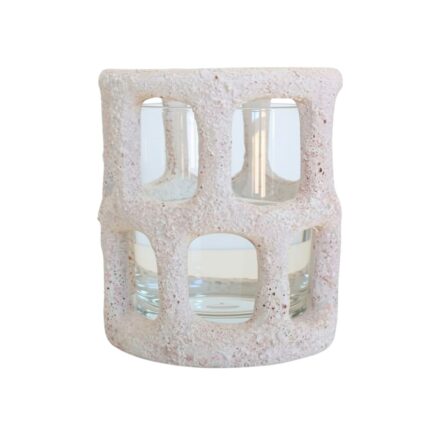 Cement Luna Tea Light Holder White featuring a textured cement cutout shell and clear glass insert