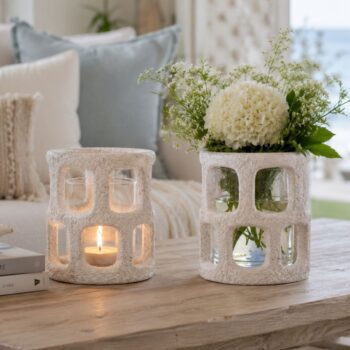 Cement Luna Tea Light Holder White featuring a textured cement cutout shell and clear glass insert