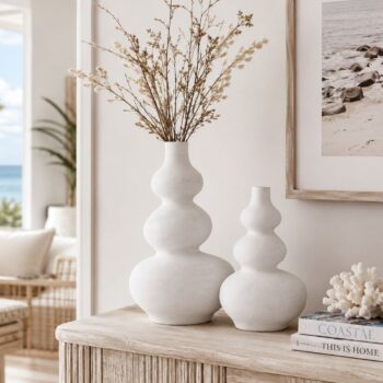 Ceramic Hand Potted Wabi Vase - White in two different sizes displayed together on a white background