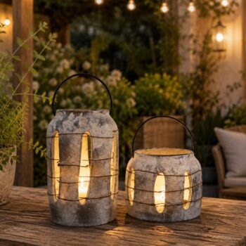 Ceramic Claymoor Wire Wrap Lantern in White/Grey displayed with a lit candle on an outdoor wooden table
