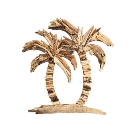 Driftwood Coconut Trees Wall Art featuring handcrafted double palm trees made from natural sun- and sea-conditioned driftwood