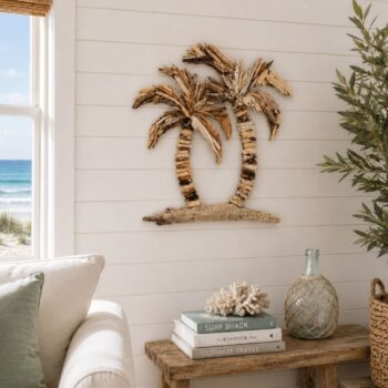 Driftwood Coconut Trees Wall Art featuring handcrafted double palm trees made from natural sun- and sea-conditioned driftwood