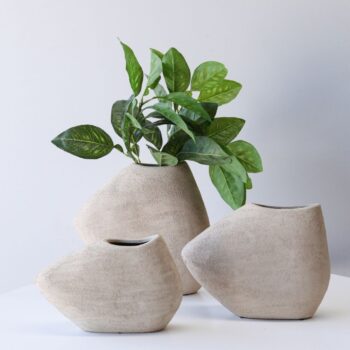 Ceramic Hand Potted Shard Vase - Sand in three different sizes displayed together on a white background