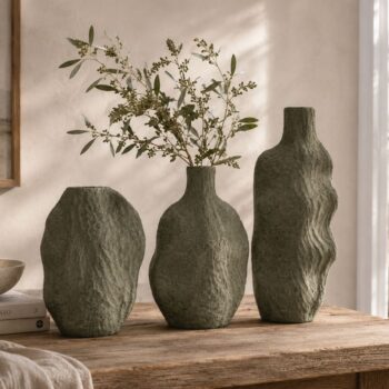 Organic Sculptural Cala Vase Moss featuring a textured earthy green finish
