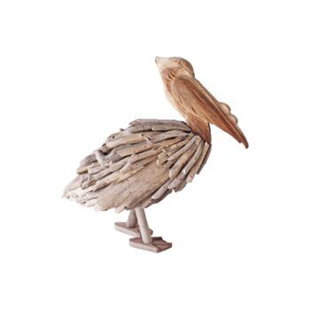Driftwood Standing Pelican sculpture handcrafted from natural sun- and sea-conditioned driftwood