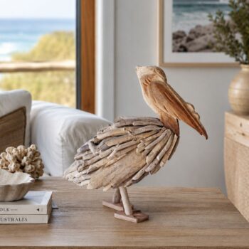Driftwood Standing Pelican sculpture handcrafted from natural sun- and sea-conditioned driftwood