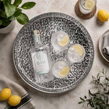 Hammered Charu Decorative Tray / Wall Plate 45cm in polished silver metal with reflective hammered texture