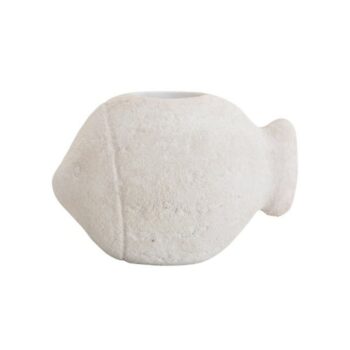 Cement Fish Tea Light Holder in White styled on a wooden coffee table with coastal decor and books