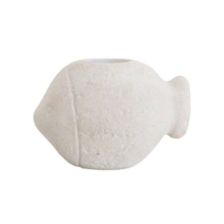 Cement Fish Tea Light Holder in White styled on a wooden coffee table with coastal decor and books
