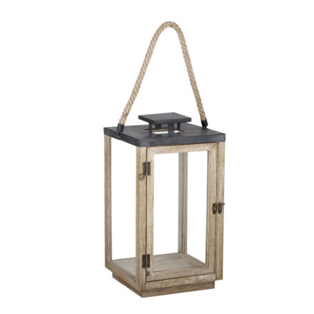 Wood/glass lantern newark statement piece decor displayed for interior styling.