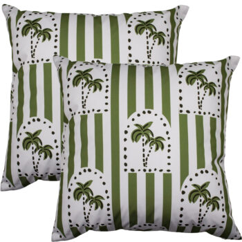 NF Cushion Haven Sage 50 x 50cm outdoor throw cushion featuring a palm tree arch pattern and stripes in Sage