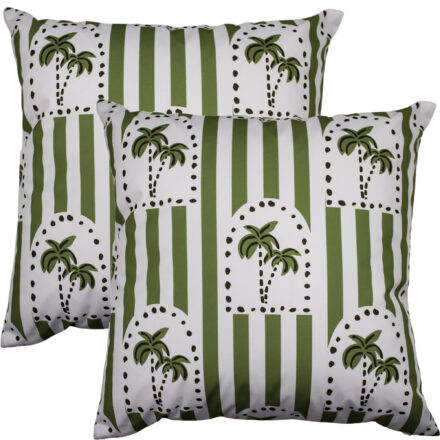 NF Cushion Haven Sage 50 x 50cm outdoor throw cushion featuring a palm tree arch pattern and stripes in Sage