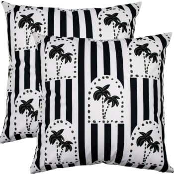 NF Cushion Haven Black size 50x50cm outdoor throw cushion featuring a palm tree arch pattern and stripes in Black