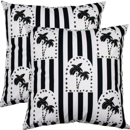 NF Cushion Haven Black size 50x50cm outdoor throw cushion featuring a palm tree arch pattern and stripes in Black