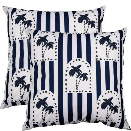 NF Cushion Haven Navy size 50x50cm outdoor throw cushion featuring a palm tree arch pattern and stripes in Navy