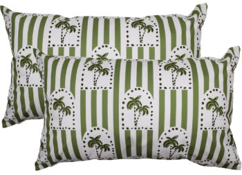 NF Cushion Haven Sage 35 x 50cm outdoor throw cushion featuring a palm tree arch pattern and stripes in Sage