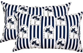 NF Cushion Haven Navy 35x50cm outdoor throw cushion featuring a palm tree arch pattern and stripes in Navy