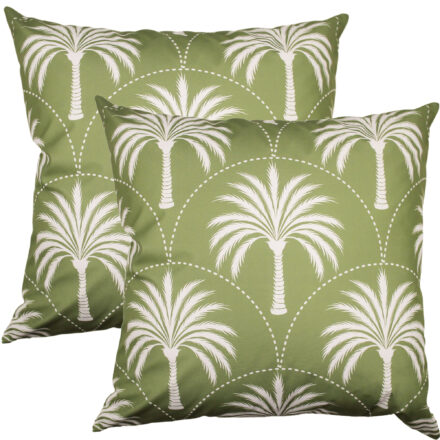 NF Cushion Nusa Sage 50 x 50cm outdoor throw cushion featuring an all-over palm tree pattern and arched design in Sage