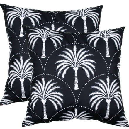 NF Cushion Nusa Black 50 x 50cm outdoor throw cushion featuring an all-over palm tree pattern and arched design in Black