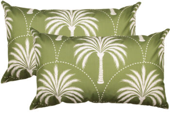 NF Cushion Nusa Sage 35 x 50cm outdoor throw cushion featuring an all-over palm tree pattern and arched design in Sage