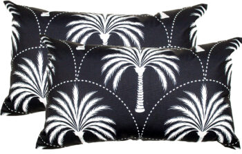 NF Cushion Nusa Black 35 x 50cm outdoor throw cushion featuring an all-over palm tree pattern and arched design in Black