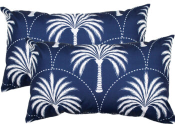 NF Cushion Nusa Navy 35 x 50cm outdoor throw cushion featuring an all-over palm tree pattern and arched design in Navy