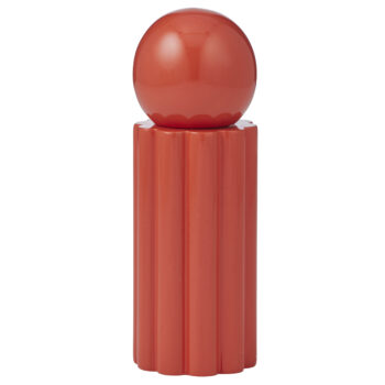 wood oracle S&P grinder in a vibrant tomato red with a spherical top and fluted base, presented on a white background.